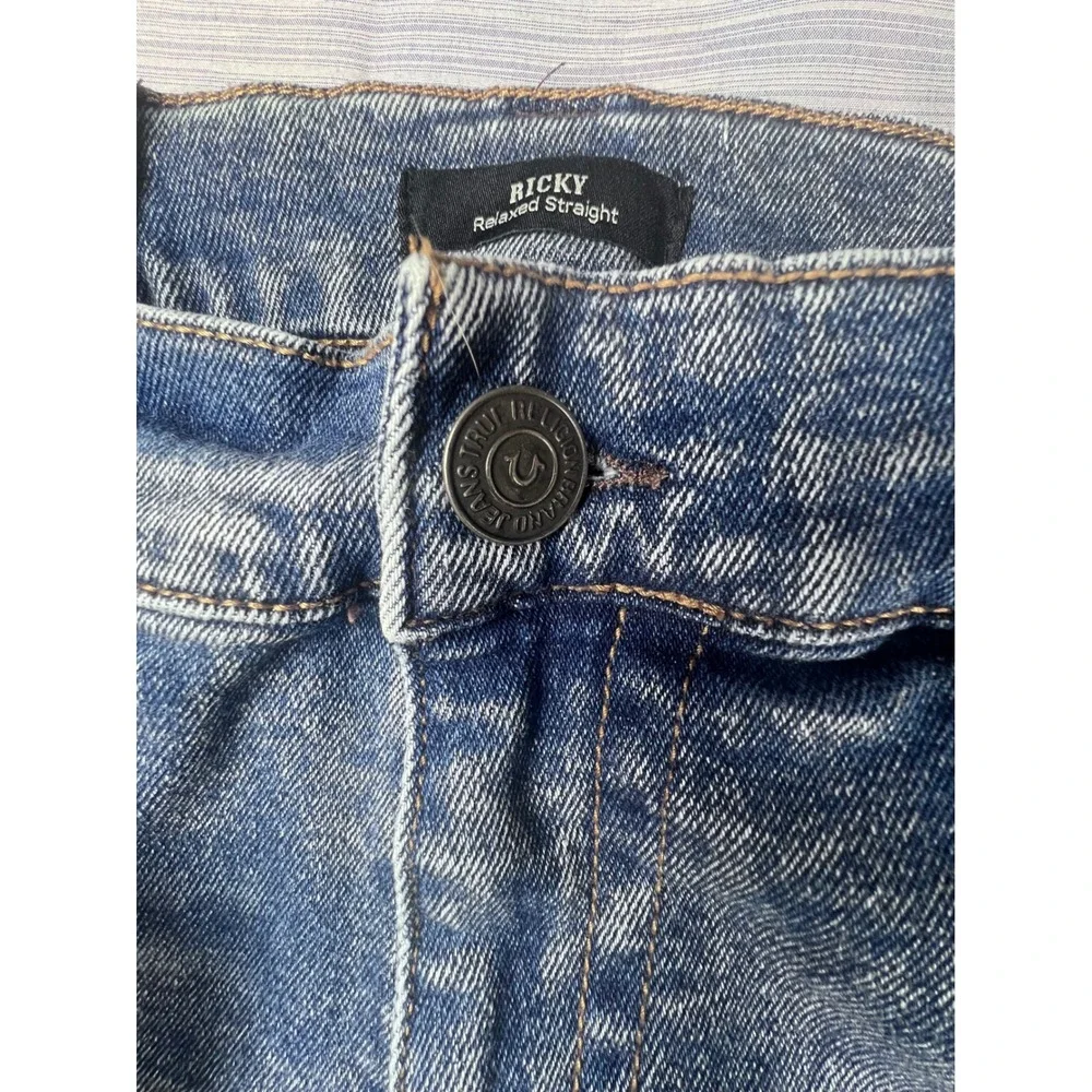 True Religion Ricky Relaxed Straight Jeans Mens 38 Blue Faded Horseshoe Denim